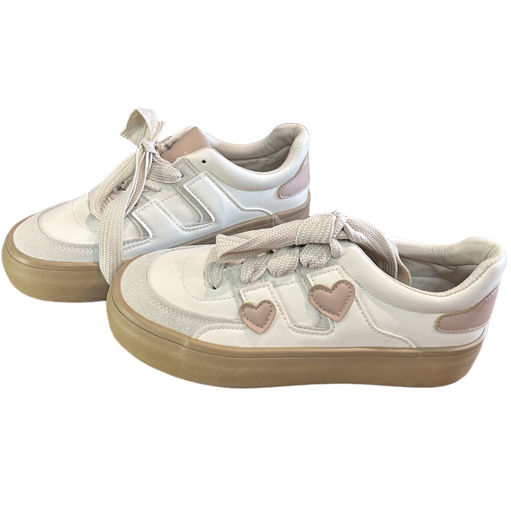 Women's White w/Beige hearts Platform Sneakers Size 8-81/2 - Picture 2 of 8